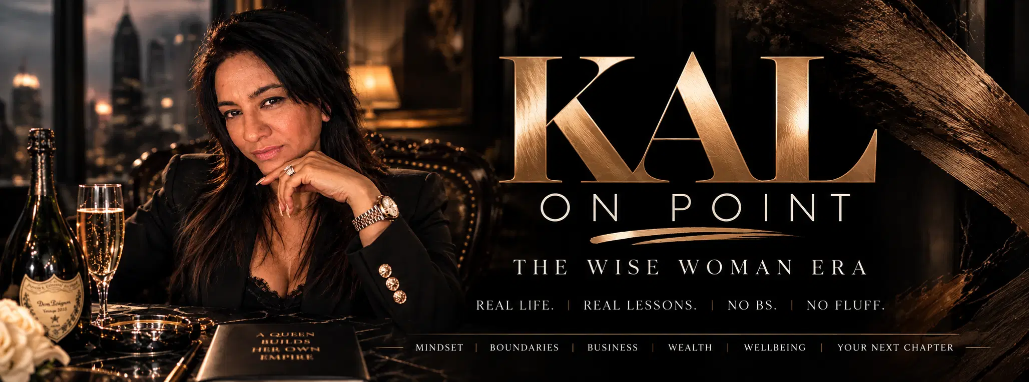 Kal at a marble table with the words A Queen Builds Her Own Empire